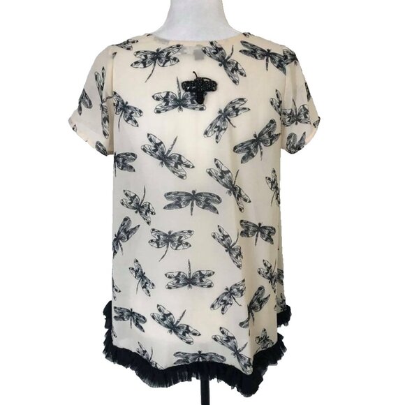 CURATE Trelise Cooper Short Sleeve Top Blouse Size Small Dragonfly Black Fringe - Picture 4 of 7